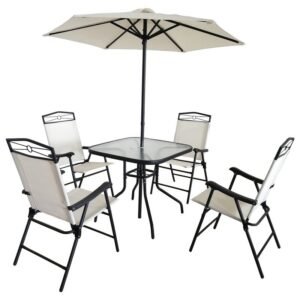 Conjunto de Jardín Palatino Acero 1 Mesa + 4 Sillas + 1 Parasol Blanco Crudo